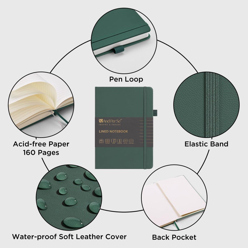 ⩓ Per Se Lined Journal Notebook، 160 صفحة، A5 5.7 × 8 بوصة مجلات ورقية سميكة مسطرة بالكلية للكتابة، دفاتر ملاحظات ذات غلاف فني للنساء والرجال والمدرسة (عبوة واحدة، أخضر) - Image 4